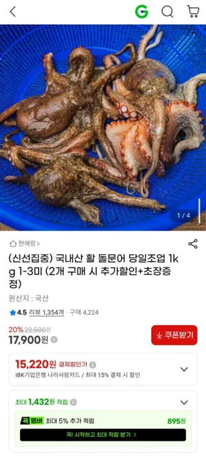 국내산 활 돌문어 1kg 1-3미